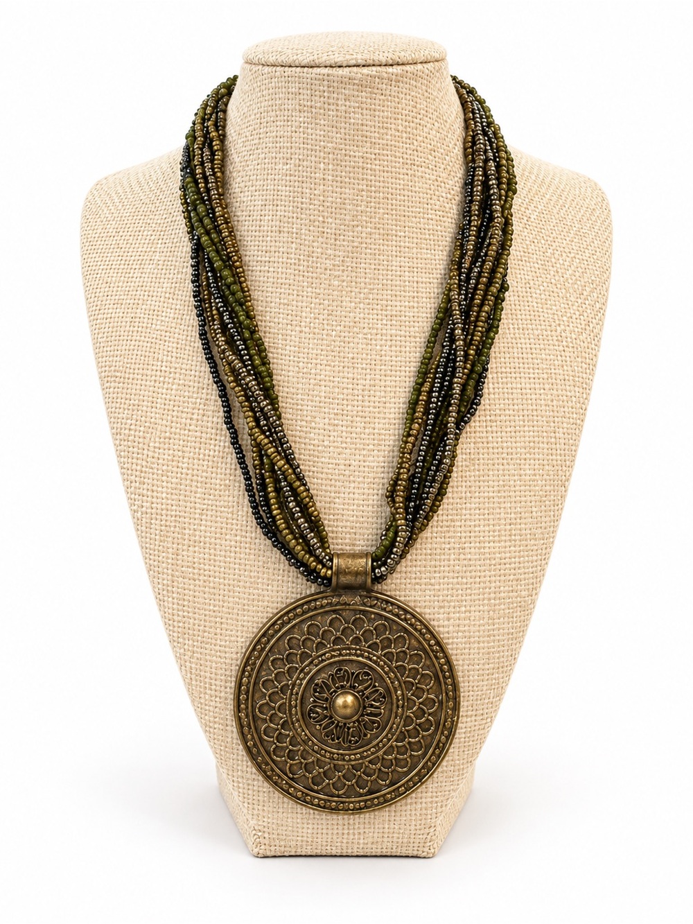 Multi-Strand Seed Bead Antique Bronze Medallion Statement Necklace